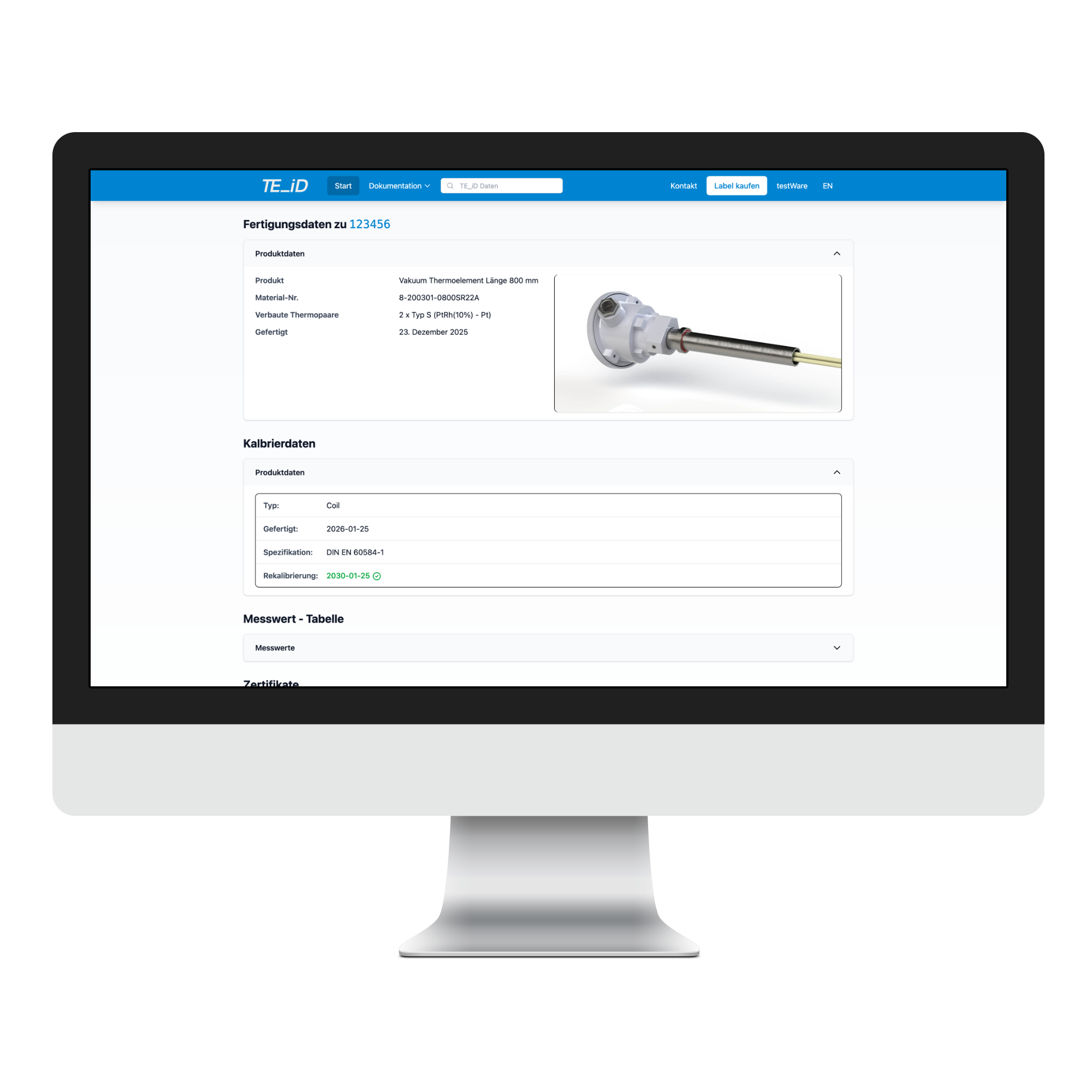 Screenshot der TE_iD Anwendung zeigt Übersicht der Kalibrierdaten für Thermoelemente